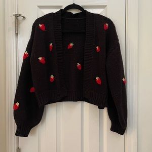 Anthropologie style black, open knit cardigan with strawberries
